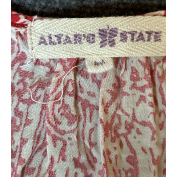 Altar’d State Shirt Womens Size Medium Red Beige Flowy Flutter Top Cottagecore - Picture 2 of 8